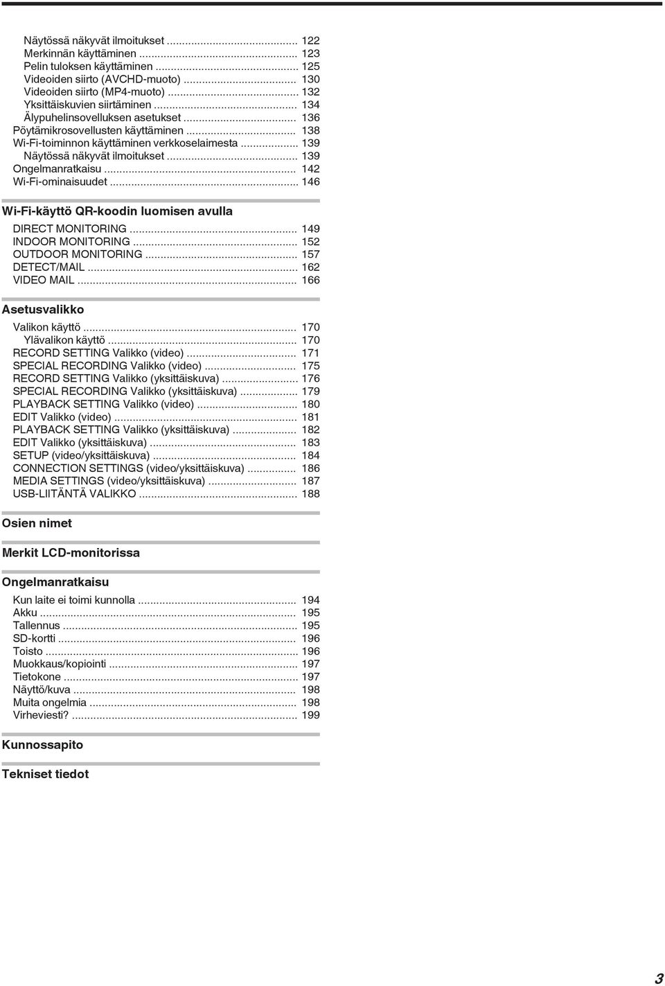 Wi-Fi-käyttö QR-koodin luomisen avulla DIRECT MONITORING 149 INDOOR MONITORING 152 OUTDOOR MONITORING 157 DETECT/MAIL 162 VIDEO MAIL 166 Asetusvalikko Valikon käyttö 170 Ylävalikon käyttö 170 RECORD