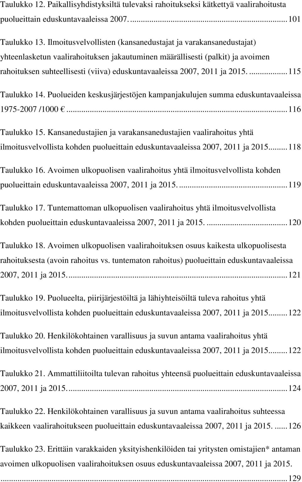 2007, 2011 ja 2015.... 115 Taulukko 14. Puolueiden keskusjärjestöjen kampanjakulujen summa eduskuntavaaleissa 1975-2007 /1000... 116 Taulukko 15.