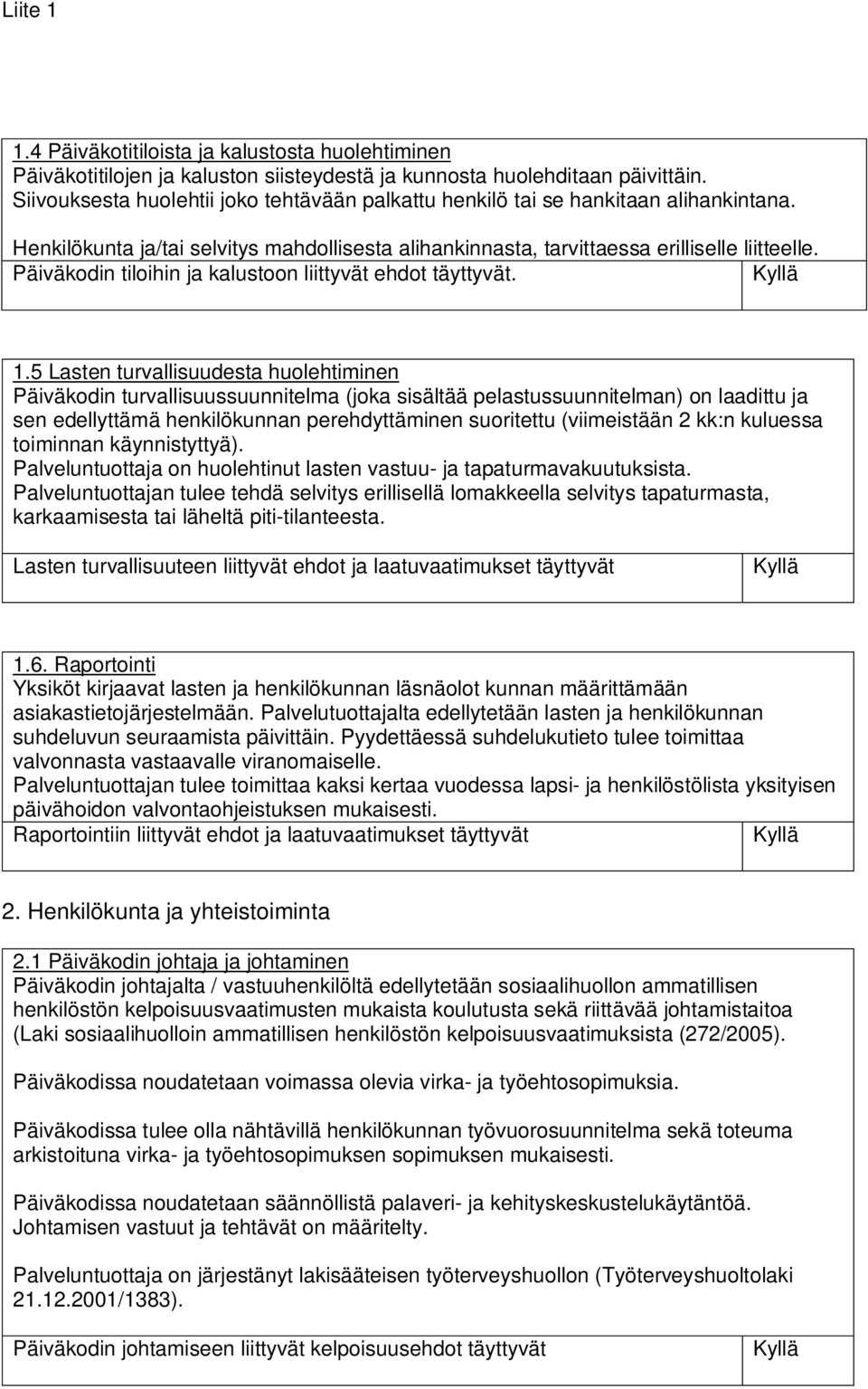 Päiväkodin tiloihin ja kalustoon liittyvät ehdot täyttyvät. 1.