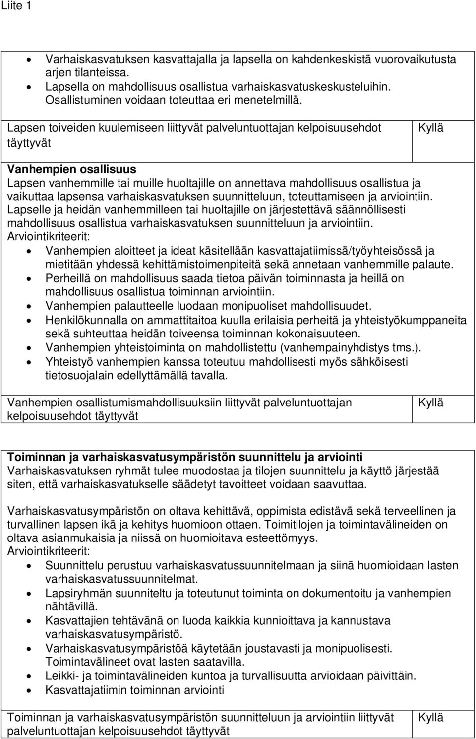 Lapsen toiveiden kuulemiseen liittyvät palveluntuottajan kelpoisuusehdot täyttyvät Vanhempien osallisuus Lapsen vanhemmille tai muille huoltajille on annettava mahdollisuus osallistua ja vaikuttaa