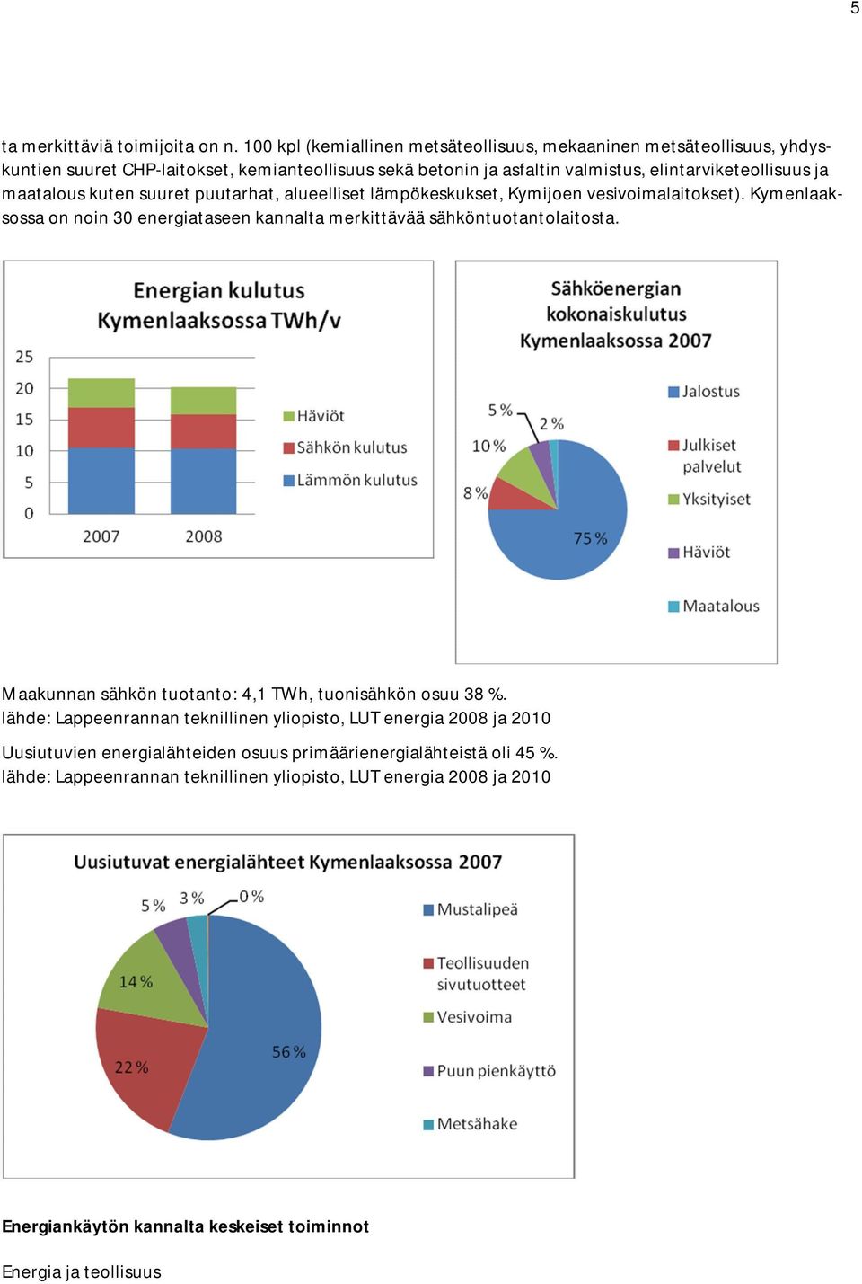 maatalous kuten suuret puutarhat, alueelliset lämpökeskukset, Kymijoen vesivoimalaitokset). Kymenlaaksossa on noin 30 energiataseen kannalta merkittävää sähköntuotantolaitosta.