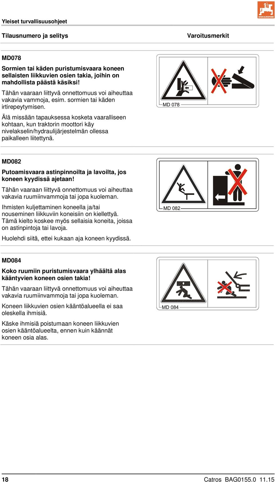 Älä missään tapauksessa kosketa vaaralliseen kohtaan, kun traktorin moottori käy nivelakselin/hydraulijärjestelmän ollessa paikalleen liitettynä.