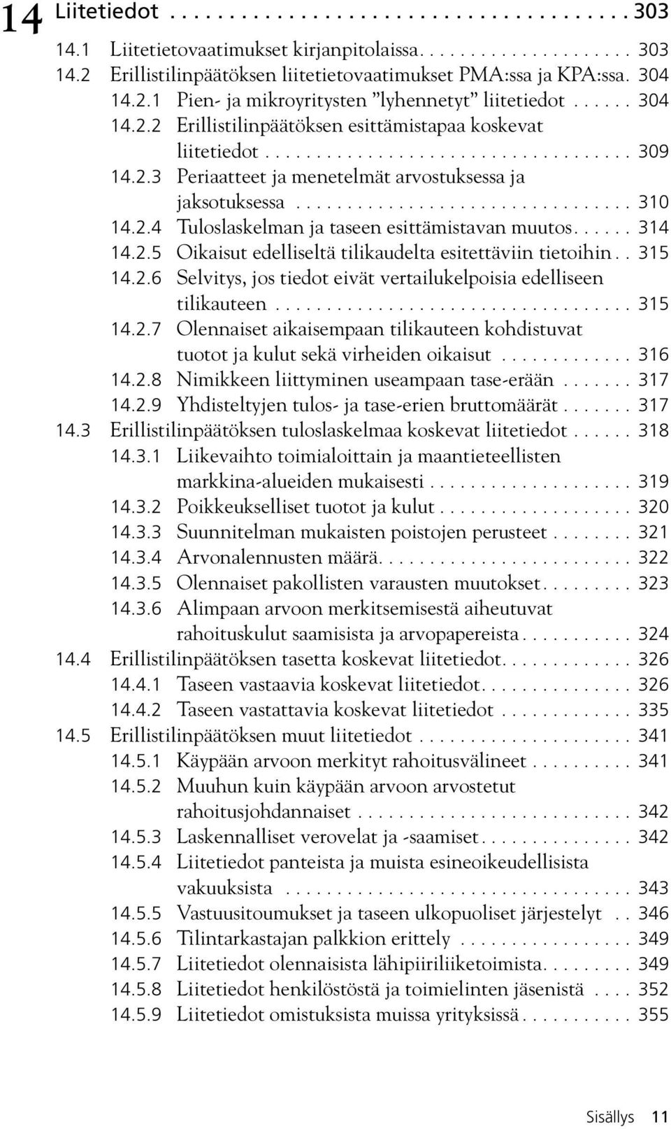 ................................ 310 14.2.4 Tuloslaskelman ja taseen esittämistavan muutos...... 314 14.2.5 Oikaisut edelliseltä tilikaudelta esitettäviin tietoihin.. 315 14.2.6 Selvitys, jos tiedot eivät vertailukelpoisia edelliseen tilikauteen.