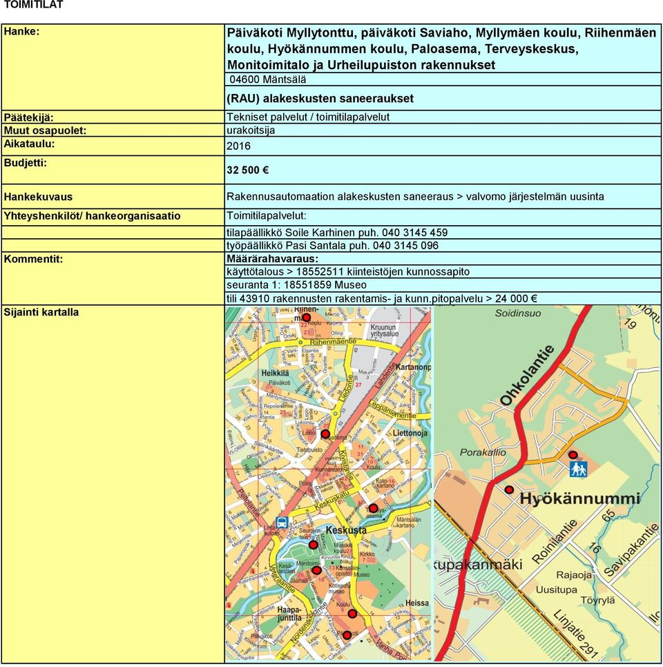 Aikataulu: 2016 Budjetti: 32 500 Rakennusautomaation alakeskusten saneeraus > valvomo järjestelmän uusinta seuranta 1: