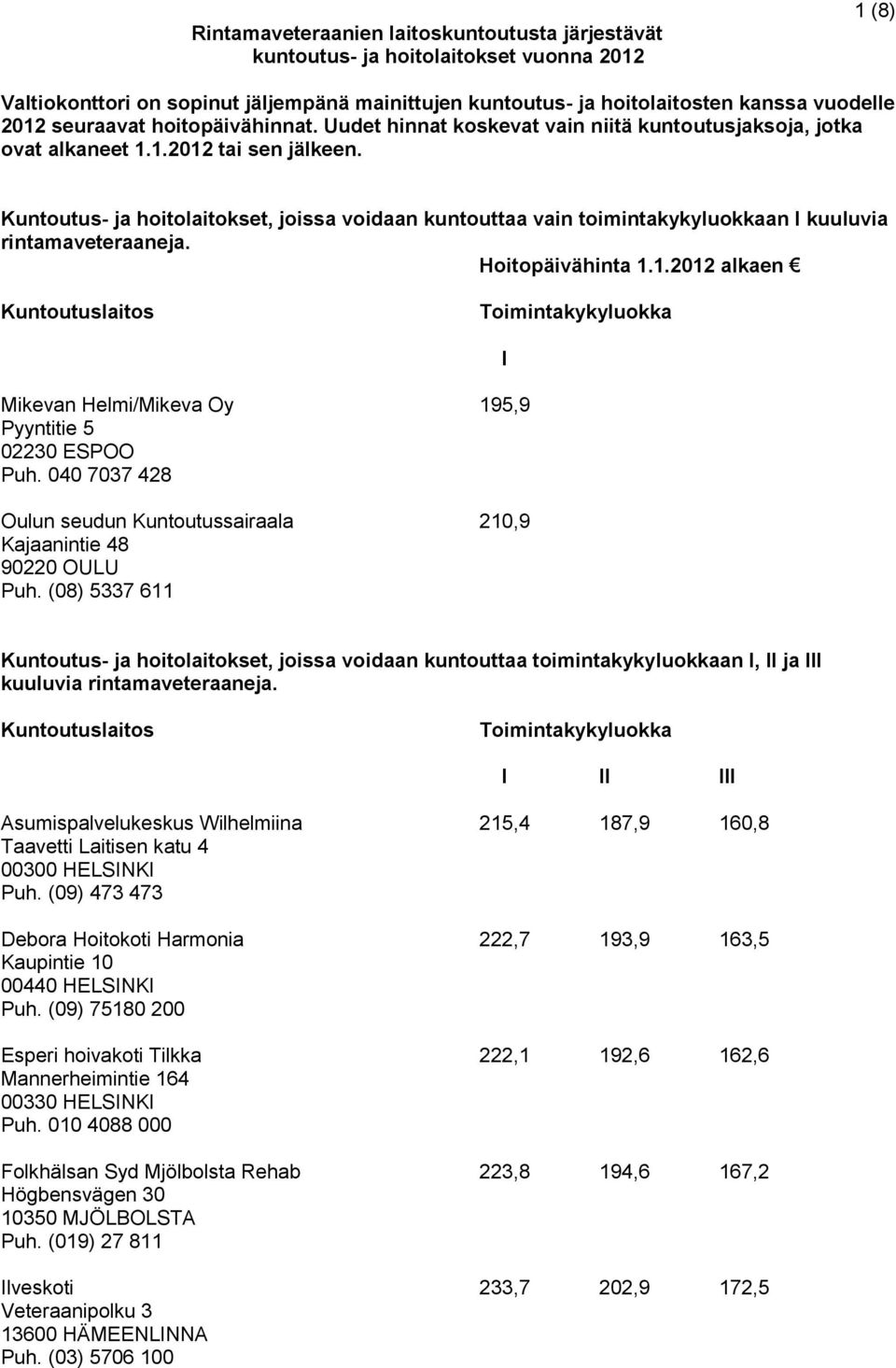 Kuntoutus- ja hoitolaitokset, joissa voidaan kuntouttaa vain toimintakykyluokkaan I kuuluvia rintamaveteraaneja. Hoitopäivähinta 1.