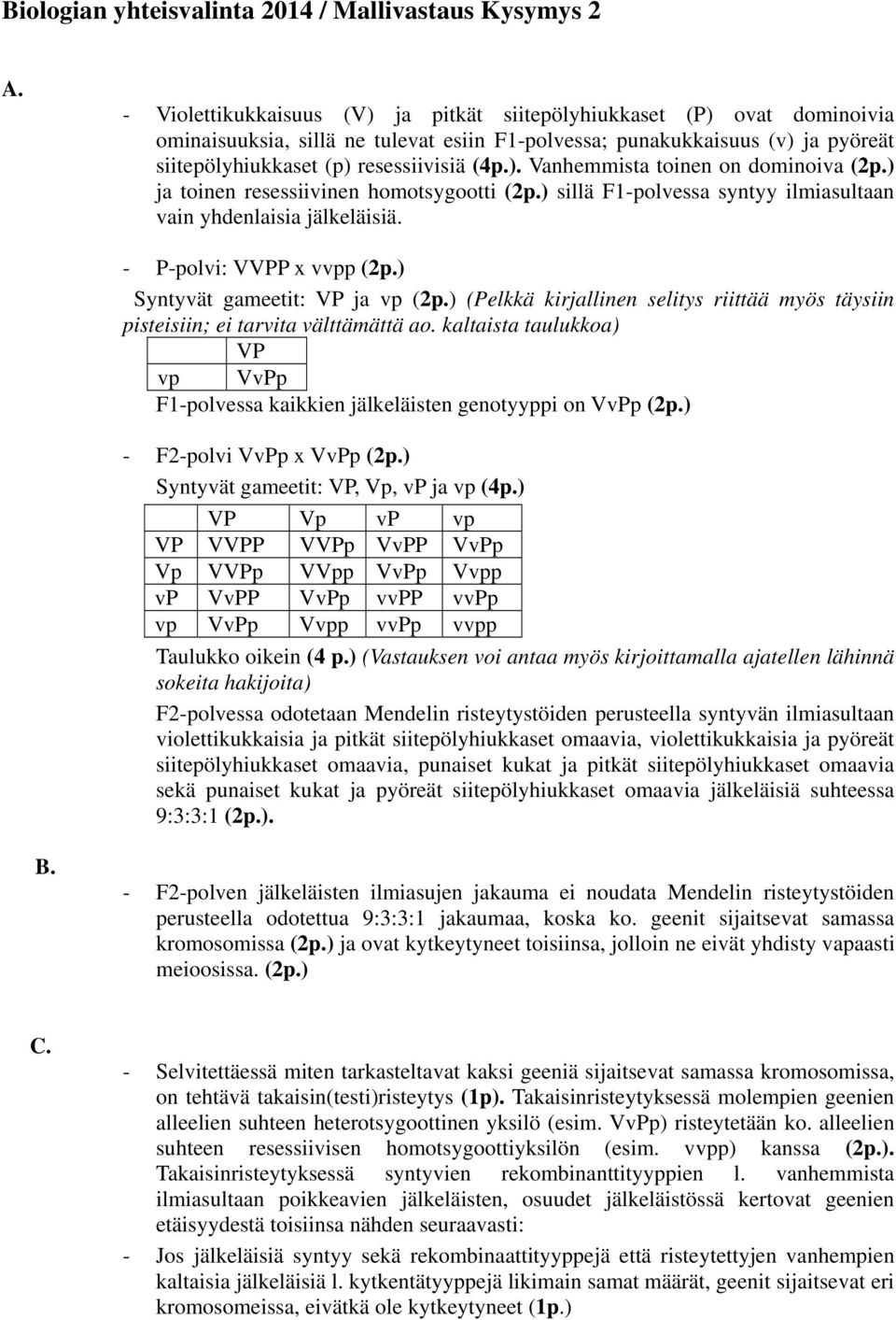 ) ja tinen resessiivinen hmtsygtti (2p.) sillä F1-plvessa syntyy ilmiasultaan vain yhdenlaisia jälkeläisiä. - P-plvi: VVPP x vvpp (2p.) Syntyvät gameetit: VP ja vp (2p.