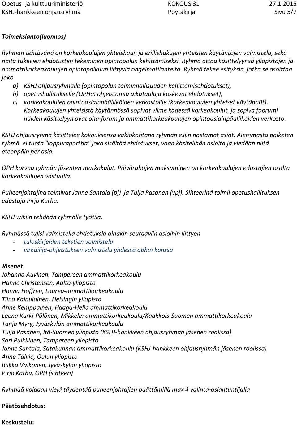 Ryhmä tekee esityksiä, jotka se osoittaa joko a) KSHJ ohjausryhmälle (opintopolun toiminnallisuuden kehittämisehdotukset), b) opetushallitukselle (OPH:n ohjeistamia aikatauluja koskevat ehdotukset),