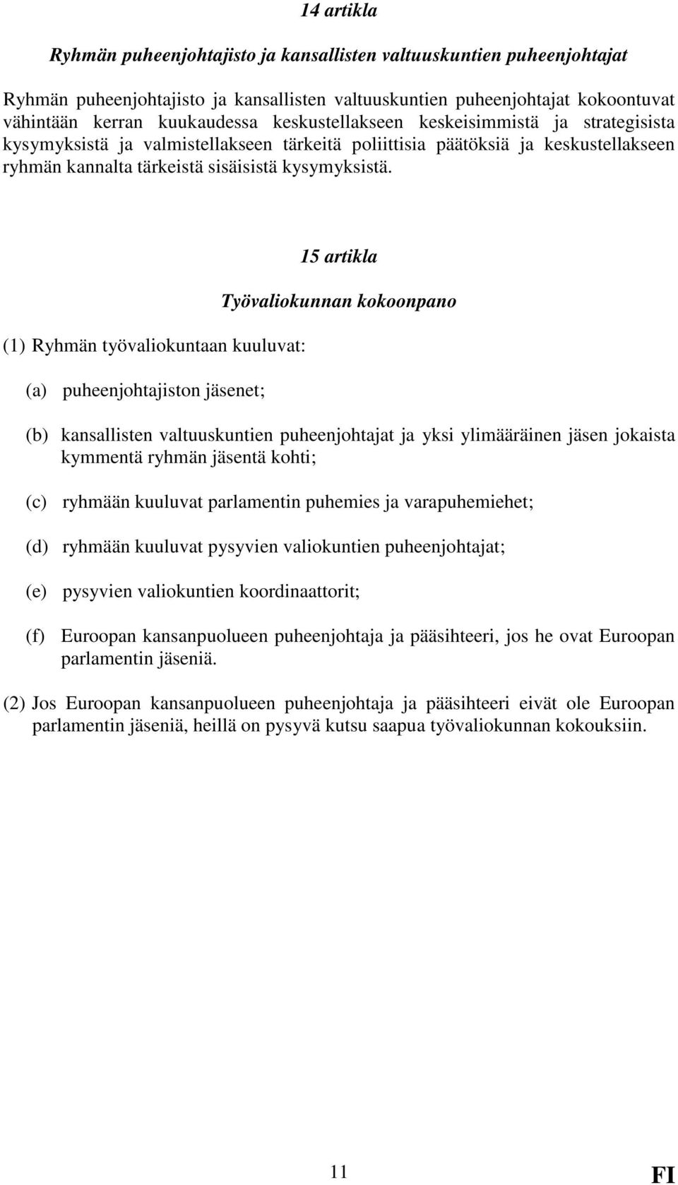 (1) Ryhmän työvaliokuntaan kuuluvat: 15 artikla Työvaliokunnan kokoonpano (a) puheenjohtajiston jäsenet; (b) kansallisten valtuuskuntien puheenjohtajat ja yksi ylimääräinen jäsen jokaista kymmentä