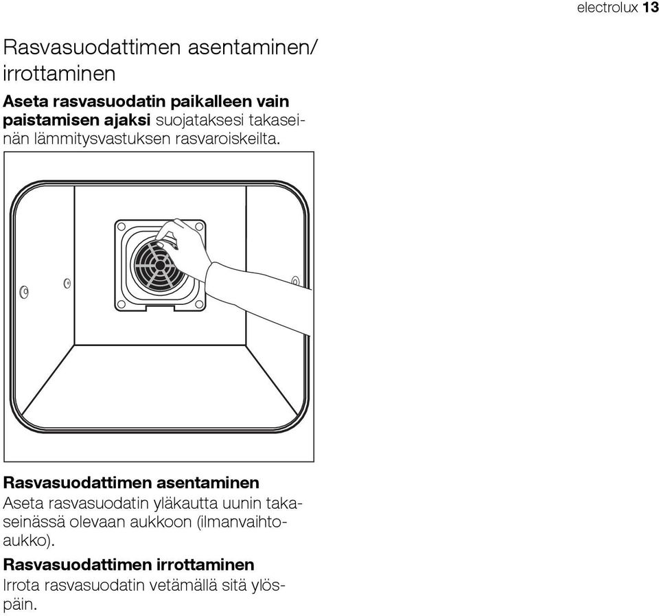 Rasvasuodattimen asentaminen Aseta rasvasuodatin yläkautta uunin takaseinässä olevaan