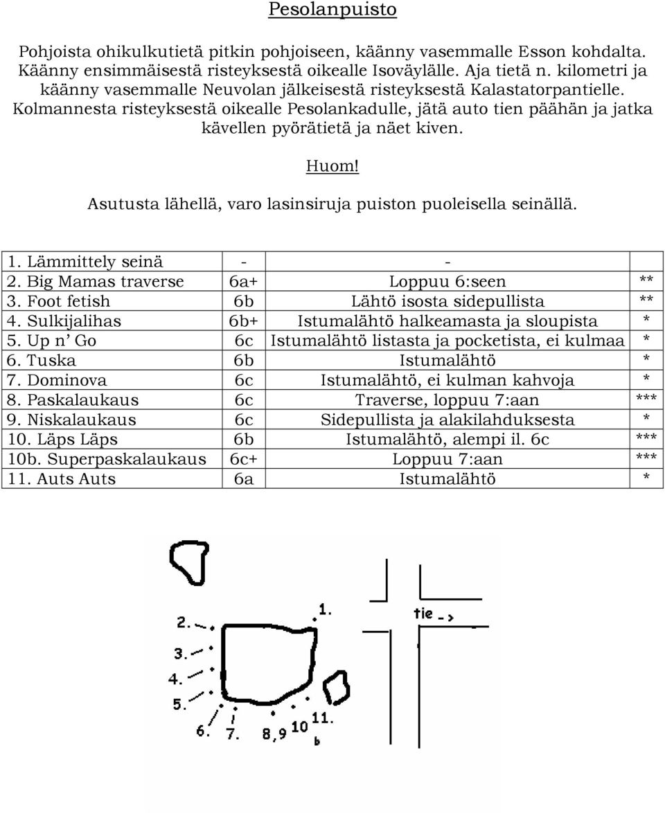 Kolmannesta risteyksestä oikealle Pesolankadulle, jätä auto tien päähän ja jatka kävellen pyörätietä ja näet kiven. Asutusta lähellä, varo lasinsiruja puiston puoleisella seinällä. 1.