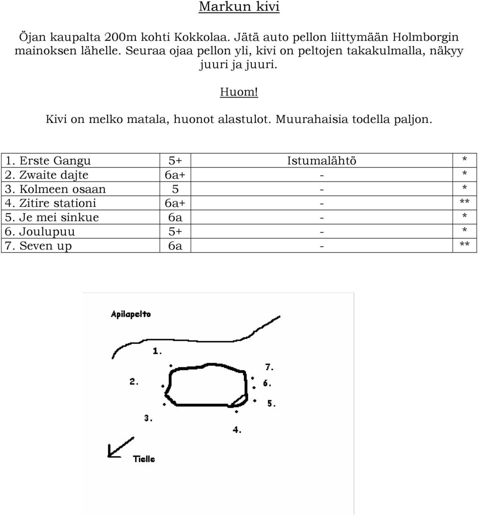 Kivi on melko matala, huonot alastulot. Muurahaisia todella paljon. 1. Erste Gangu 5+ Istumalähtö * 2.
