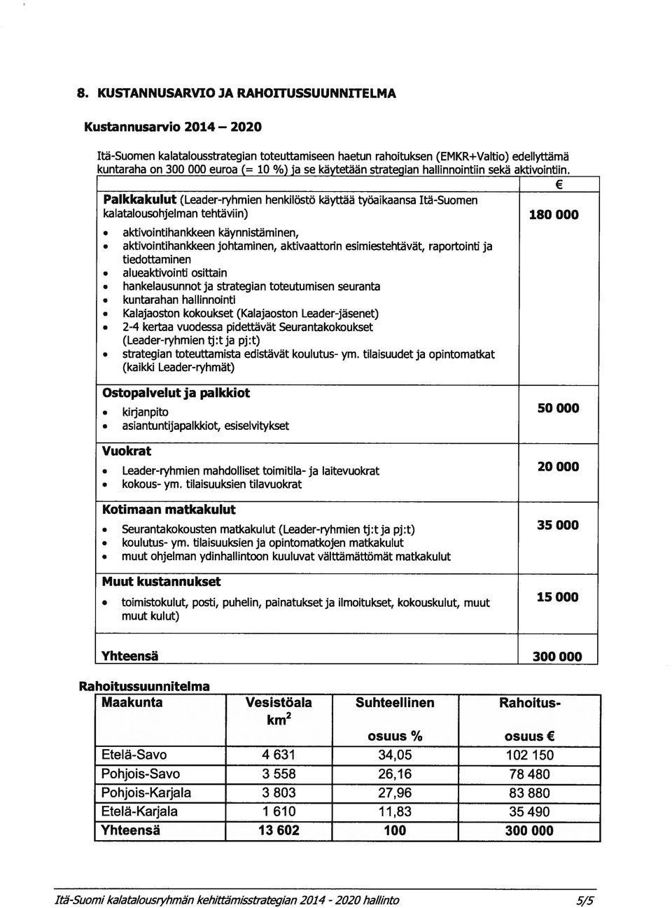 Palkkakulut (Leader-ryhmien henkilöstö käyttää työaikaansa Itä-Suomen kalatalousohjelman tehtäviin) 180 000 aktivointihankkeen käynnistäminen, aktivointihankkeen johtaminen, aktivaattorin