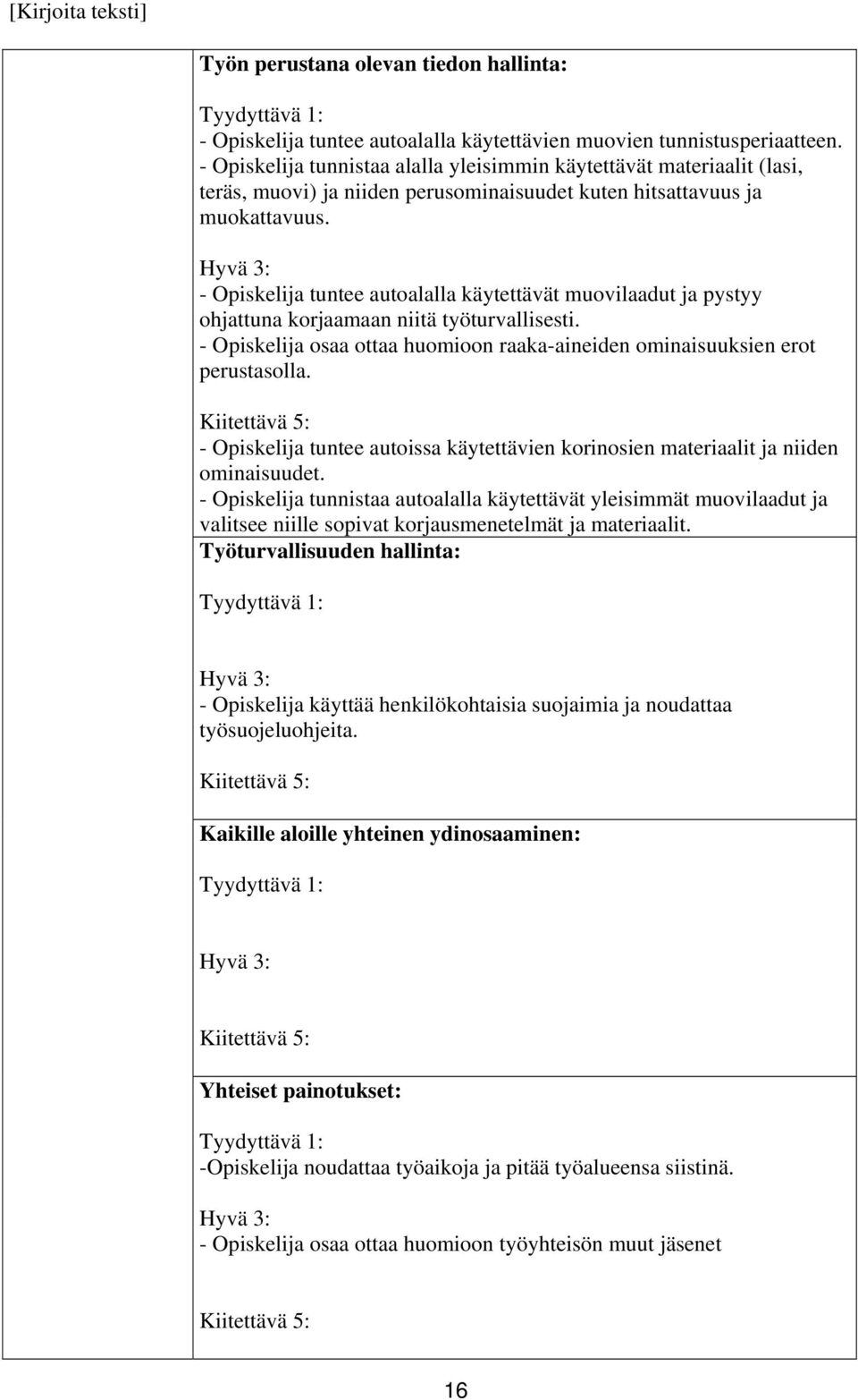 - Opiskelija tuntee autoalalla käytettävät muovilaadut ja pystyy ohjattuna korjaamaan niitä työturvallisesti. - Opiskelija osaa ottaa huomioon raaka-aineiden ominaisuuksien erot perustasolla.