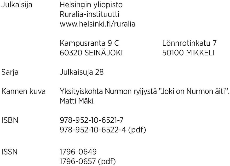 SEINÄJOKI 50100 MIKKELI Kannen kuva Yksityiskohta Nurmon ryijystä Joki on