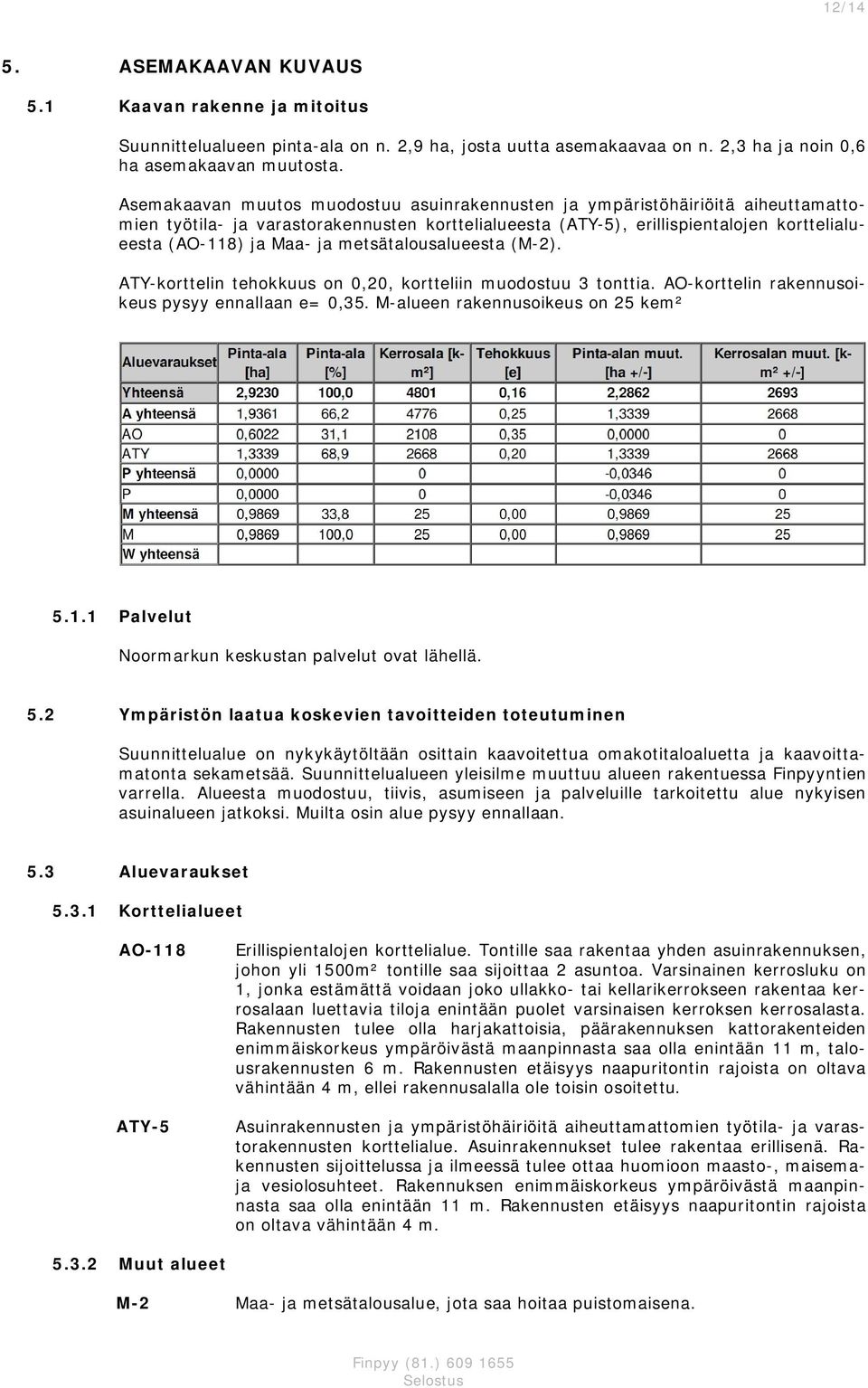 metsätalousalueesta (M-2). ATY-orttelin tehouus on 0,20, ortteliin muodostuu 3 tonttia. AO-orttelin raennusoieus pysyy ennallaan e= 0,35. M-alueen raennusoieus on 25 em² 5.