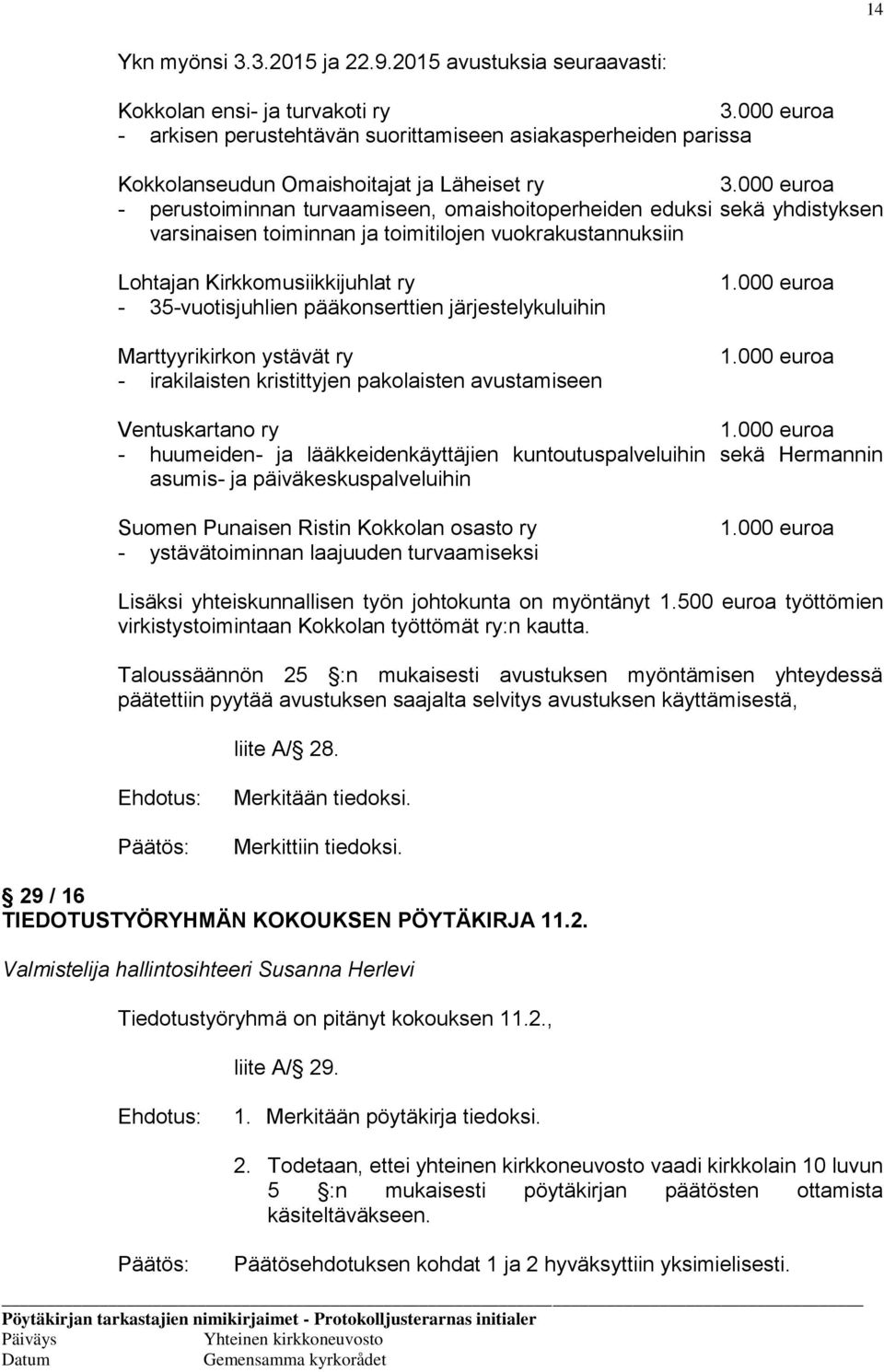 000 euroa - perustoiminnan turvaamiseen, omaishoitoperheiden eduksi sekä yhdistyksen varsinaisen toiminnan ja toimitilojen vuokrakustannuksiin Lohtajan Kirkkomusiikkijuhlat ry - 35-vuotisjuhlien