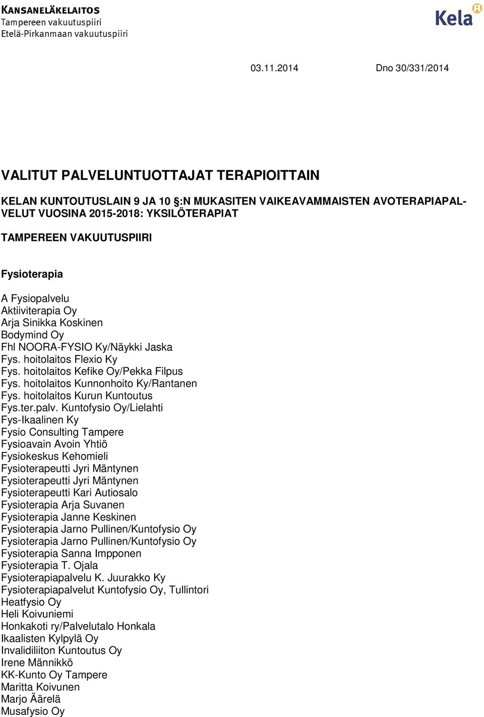 Fysioterapia A Fysiopalvelu Aktiiviterapia Oy Arja Sinikka Koskinen Bodymind Oy Fhl NOORA-FYSIO Ky/Näykki Jaska Fys. hoitolaitos Flexio Ky Fys. hoitolaitos Kefike Oy/Pekka Filpus Fys.