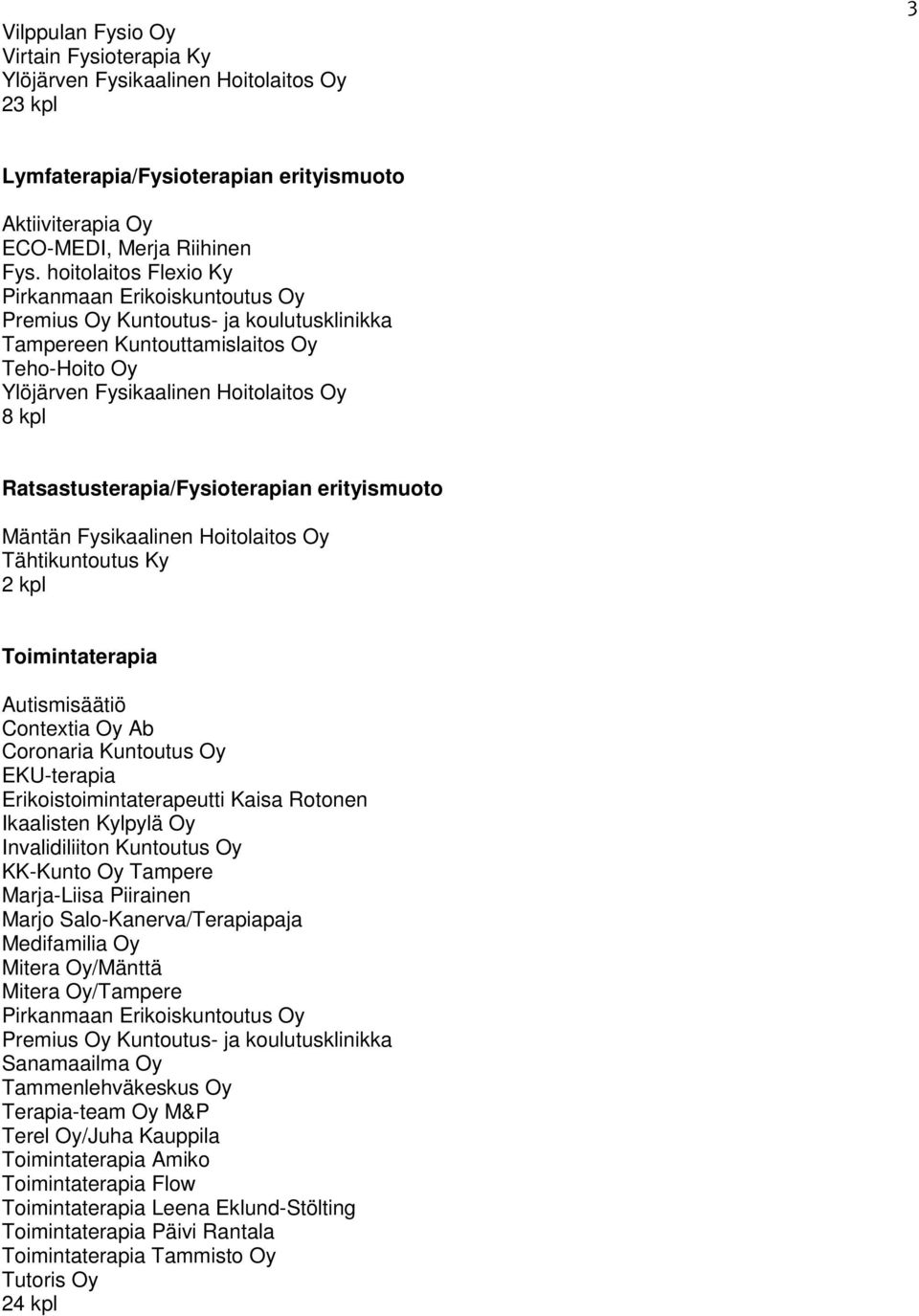 Fysikaalinen Hoitolaitos Oy Tähtikuntoutus Ky 2 kpl Toimintaterapia Autismisäätiö Contextia Oy Ab Coronaria Kuntoutus Oy EKU-terapia Erikoistoimintaterapeutti Kaisa Rotonen Ikaalisten Kylpylä Oy