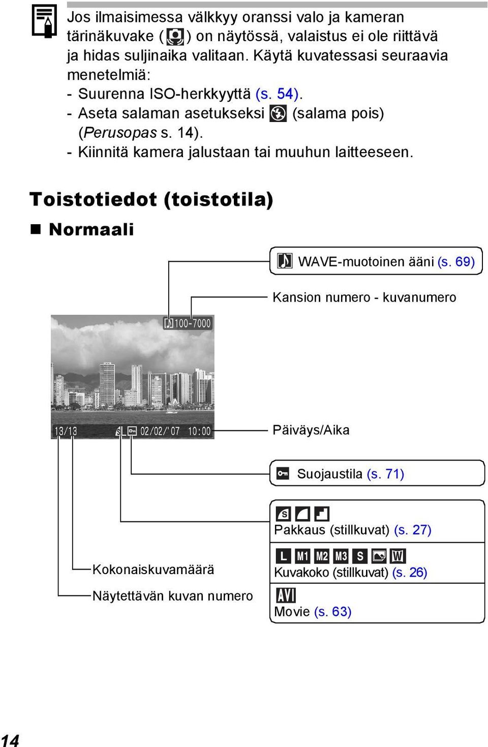 - Kiinnitä kamera jalustaan tai muuhun laitteeseen. Toistotiedot (toistotila) Normaali WAVE-muotoinen ääni (s.