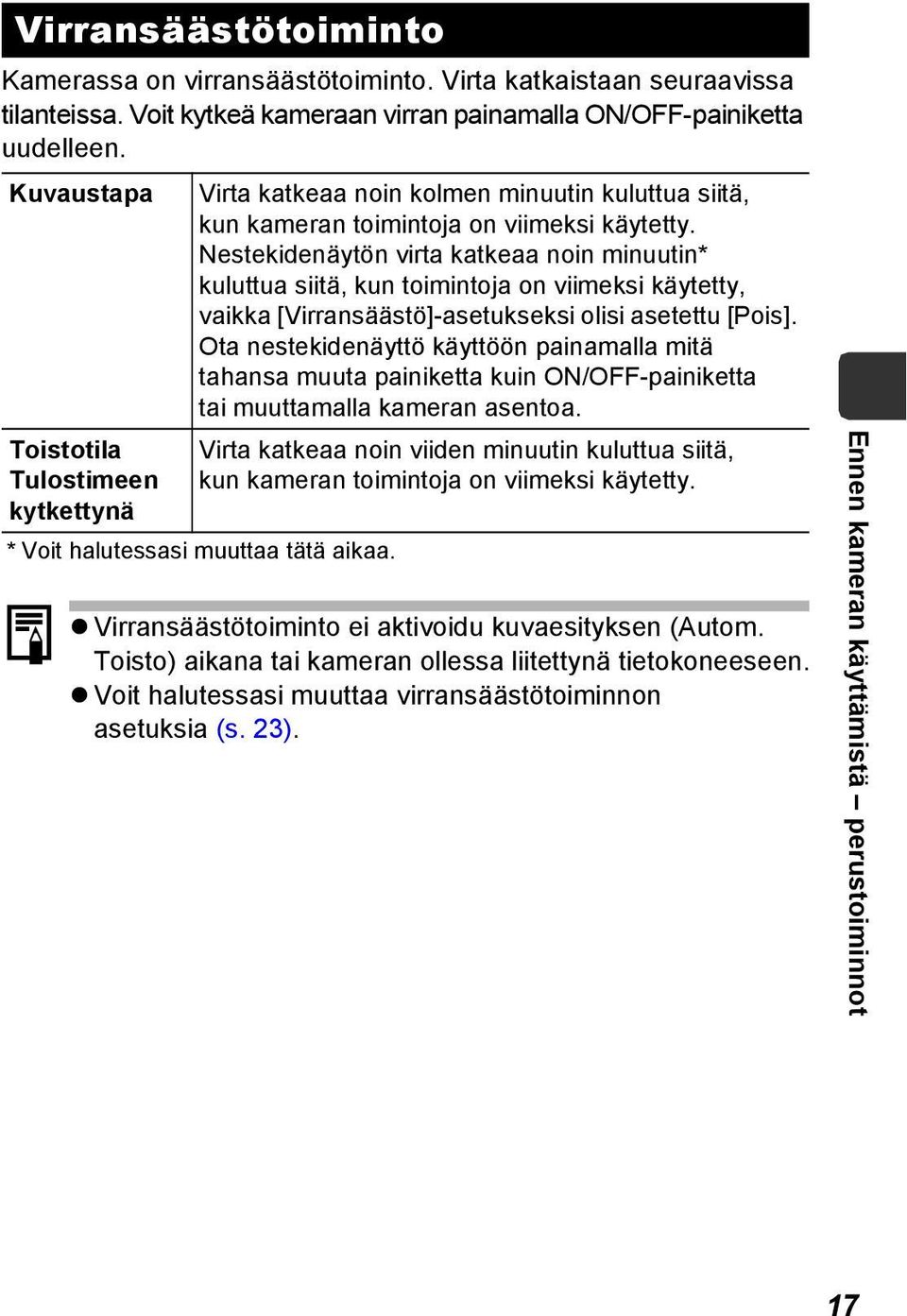 Nestekidenäytön virta katkeaa noin minuutin* kuluttua siitä, kun toimintoja on viimeksi käytetty, vaikka [Virransäästö]-asetukseksi olisi asetettu [Pois].