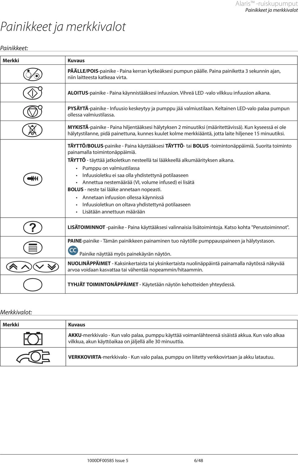 PYSÄYTÄ-painike - Infuusio keskeytyy ja pumppu jää valmiustilaan. Keltainen LED-valo palaa pumpun ollessa valmiustilassa.