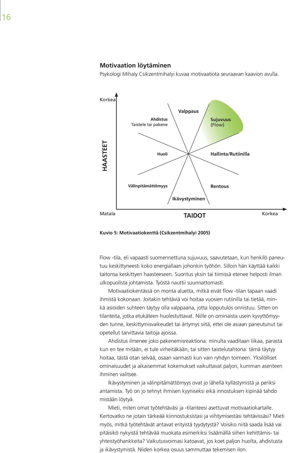 (Csikzentmihalyi 2005) Flow -tila, eli vapaasti suomennettuna sujuvuus, saavutetaan, kun henkilö paneutuu keskittyneesti koko energiallaan johonkin työhön.