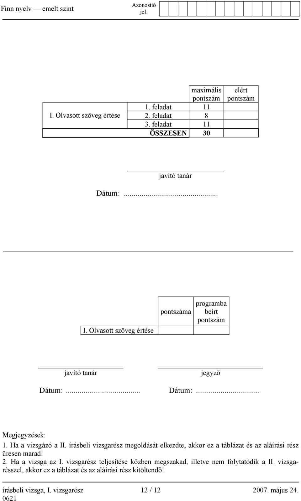 írásbeli vizsgarész megoldását elkezdte, akkor ez a táblázat és az aláírási rész üresen marad! 2. Ha a vizsga az I.