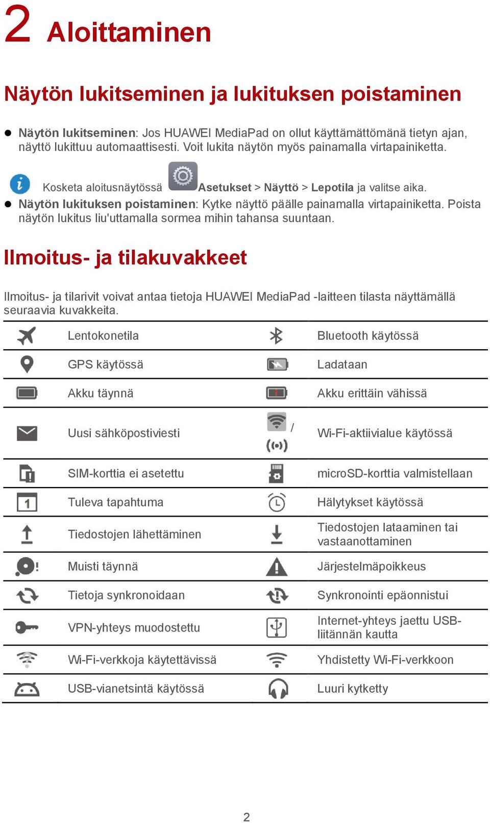 Näytön lukituksen poistaminen: Kytke näyttö päälle painamalla virtapainiketta. Poista näytön lukitus liu'uttamalla sormea mihin tahansa suuntaan.