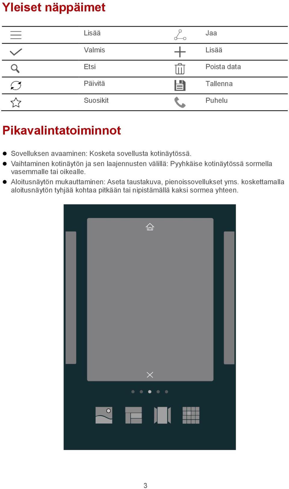 Vaihtaminen kotinäytön ja sen laajennusten välillä: Pyyhkäise kotinäytössä sormella vasemmalle tai oikealle.