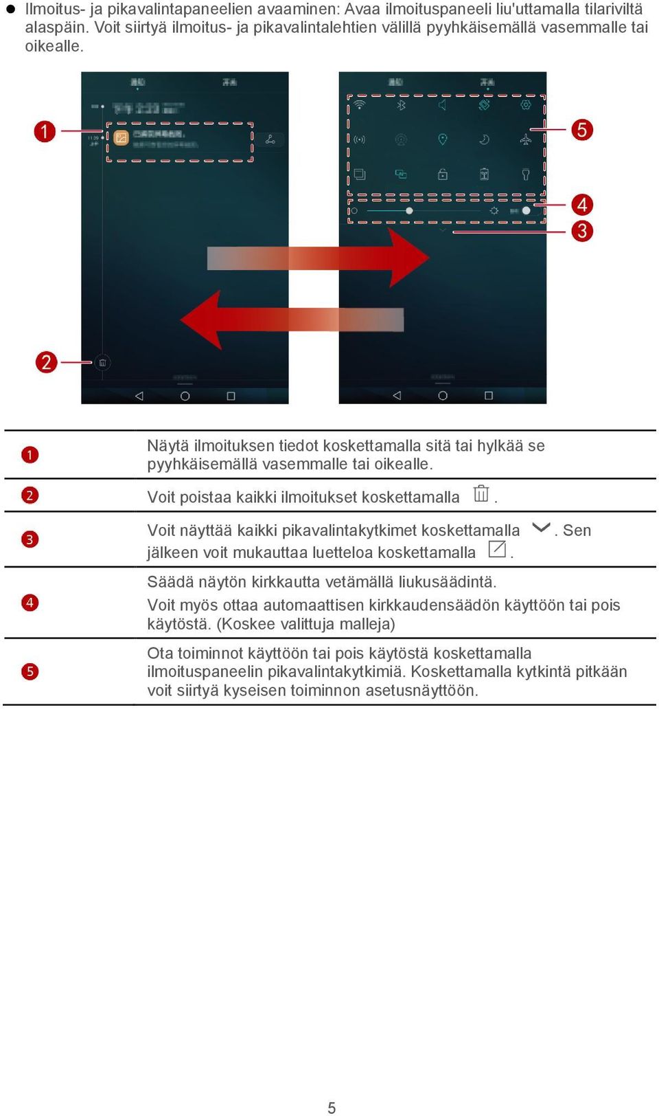 Voit poistaa kaikki ilmoitukset koskettamalla. Voit näyttää kaikki pikavalintakytkimet koskettamalla jälkeen voit mukauttaa luetteloa koskettamalla.