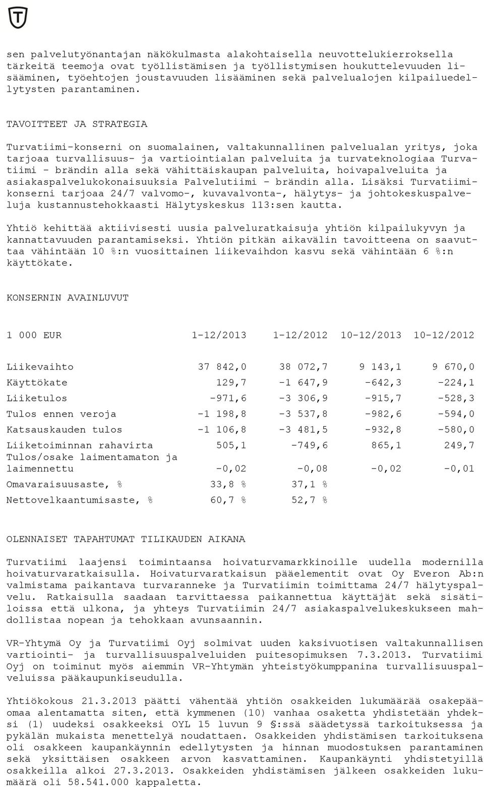 TAVOITTEET JA STRATEGIA Turvatiimi-konserni on suomalainen, valtakunnallinen palvelualan yritys, joka tarjoaa turvallisuus- ja vartiointialan palveluita ja turvateknologiaa Turvatiimi - brändin alla