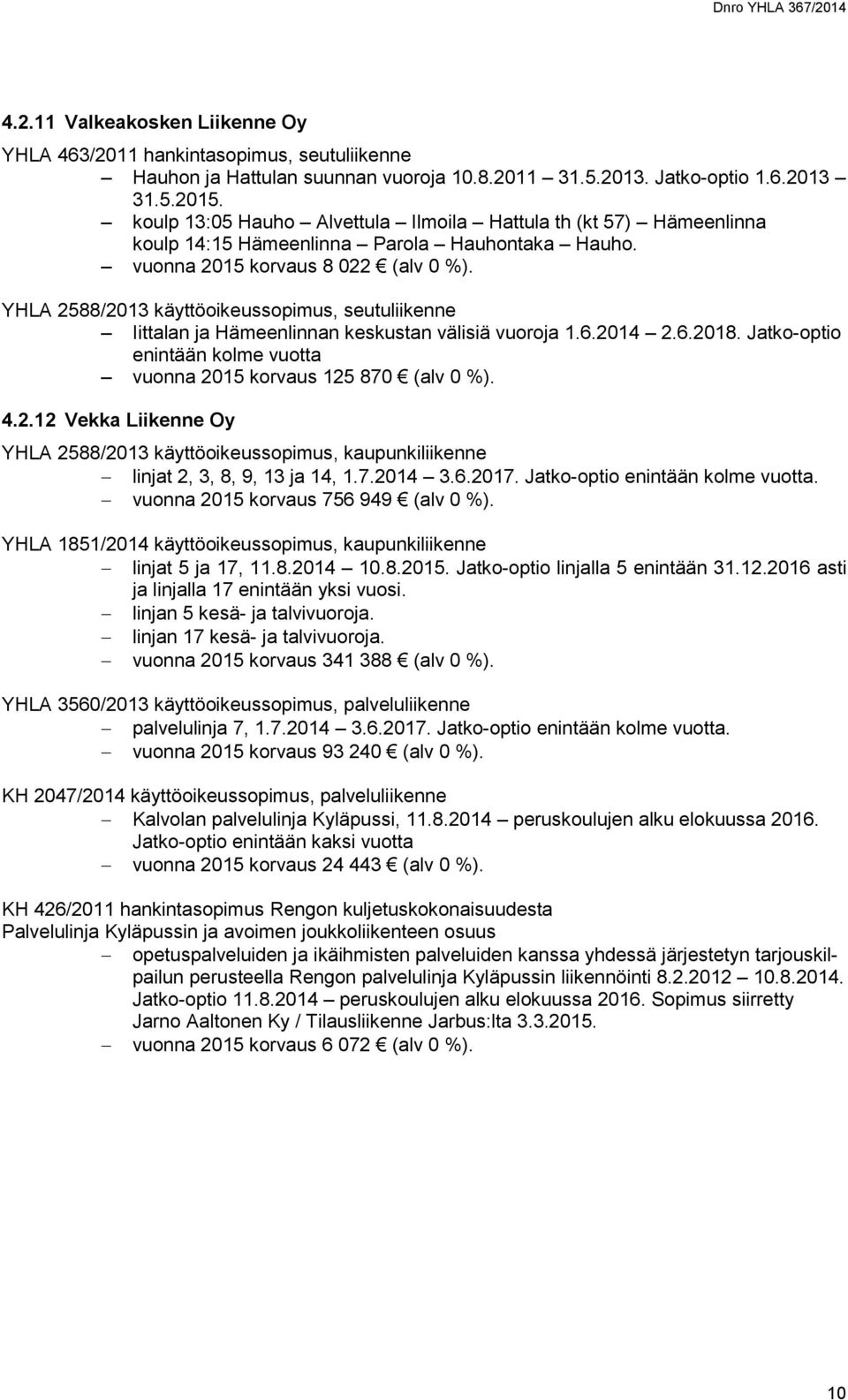 YHLA 2588/2013 käyttöoikeussopimus, seutuliikenne Iittalan ja Hämeenlinnan keskustan välisiä vuoroja 1.6.2014 2.6.2018. Jatko-optio enintään kolme vuotta vuonna 2015 korvaus 125 870 (alv 0 %). 4.2.12 Vekka Liikenne Oy YHLA 2588/2013 käyttöoikeussopimus, kaupunkiliikenne linjat 2, 3, 8, 9, 13 ja 14, 1.