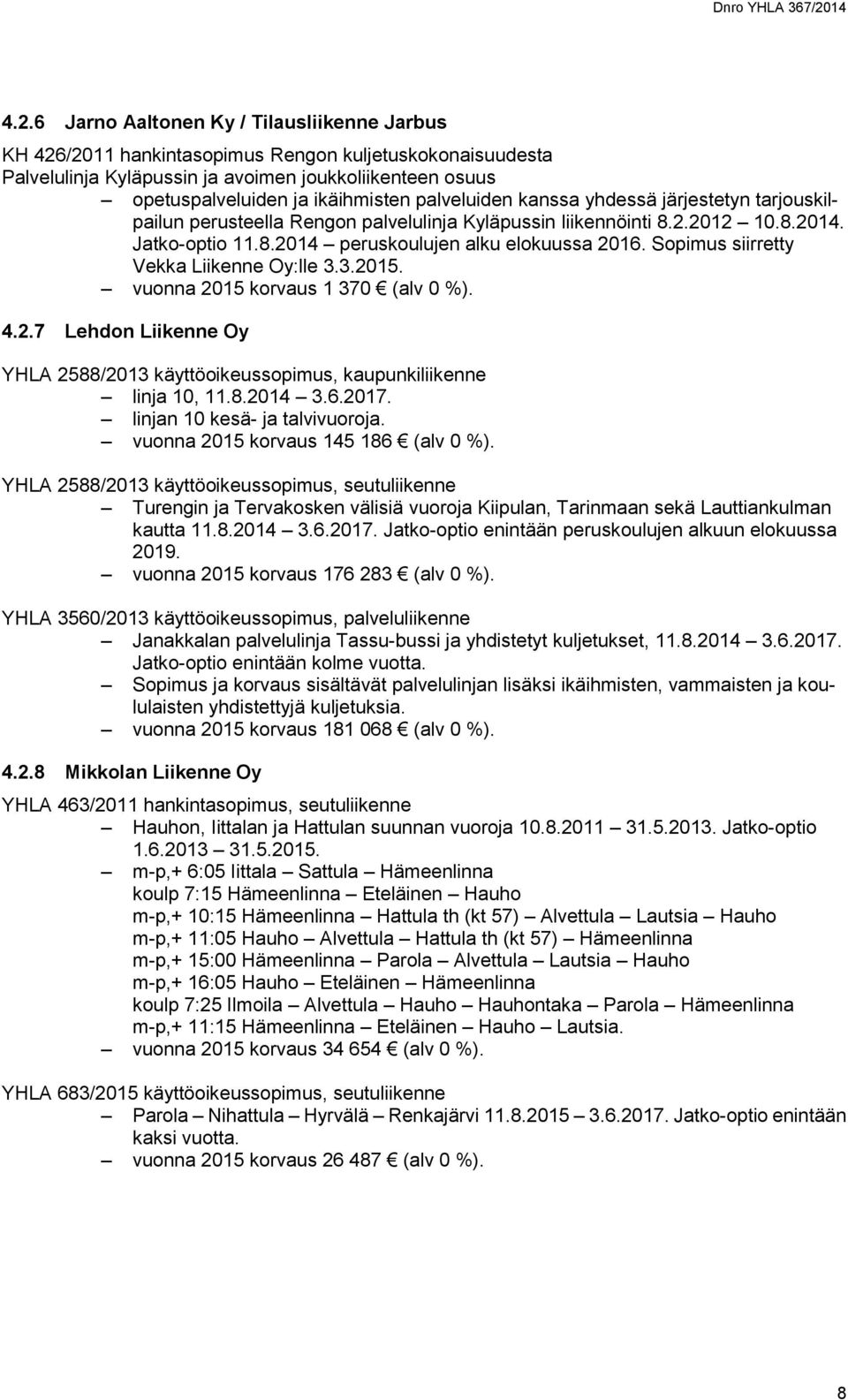Sopimus siirretty Vekka Liikenne Oy:lle 3.3.2015. vuonna 2015 korvaus 1 370 (alv 0 %). 4.2.7 Lehdon Liikenne Oy YHLA 2588/2013 käyttöoikeussopimus, kaupunkiliikenne linja 10, 11.8.2014 3.6.2017.