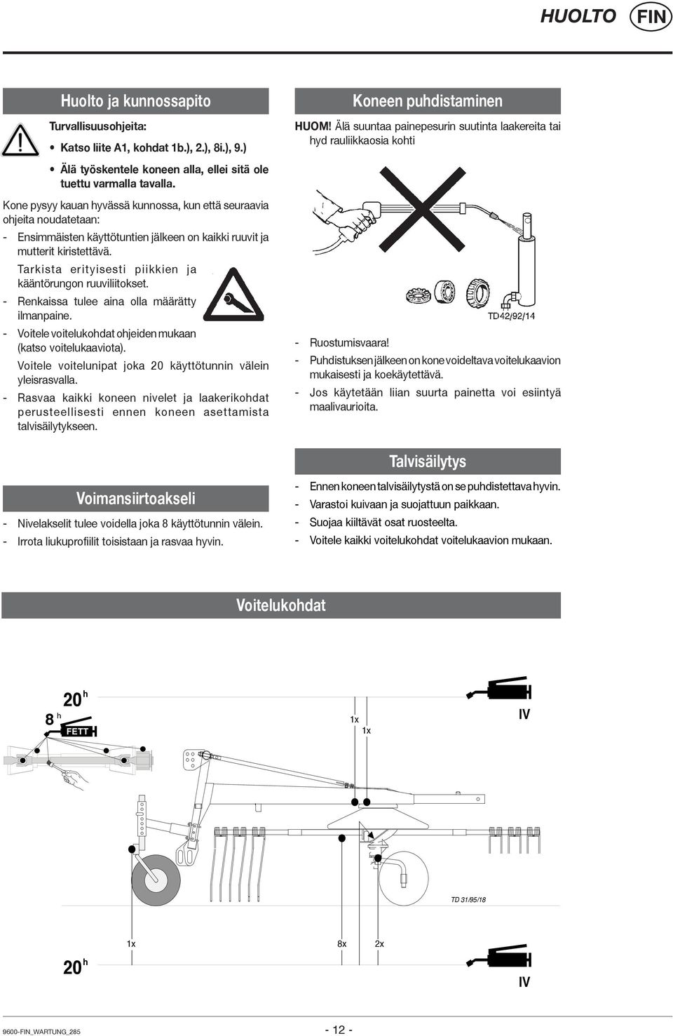 Tarkista erityisesti piikkien ja kääntörungon ruuviliitokset. - Renkaissa tulee aina olla määrätty ilmanpaine. - Voitele voitelukohdat ohjeiden mukaan (katso voitelukaaviota).