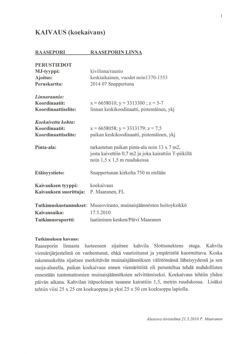 pistemäinen ykj Pinta-ala: tarkastetun paikan pinta-ala noin 3 x 7 m2 josta kaivettiin 07 m2 ja joka kairattiin T-piikillä noin 5 x 5 m ruudukossa Etäisyystieto: Kaivauksen tyyppi: Kaivauksen