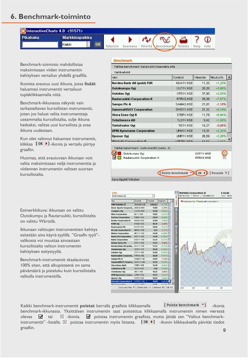 Benchmark-ikkunassa näkyvät vain tarkasteltavan kurssilistan instrumentit, joten jos haluat valita instrumentteja useammalta kurssilistalta, sulje ikkuna hetkeksi, valitse uusi kurssilista ja avaa