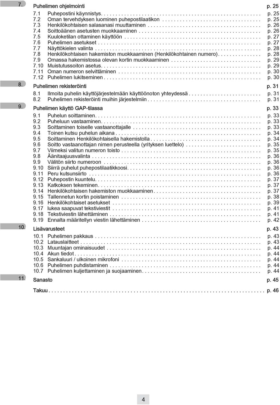 6 Puhelimen asetukset........................................................ p. 27 7.7 Näyttökielen valinta......................................................... p. 28 7.