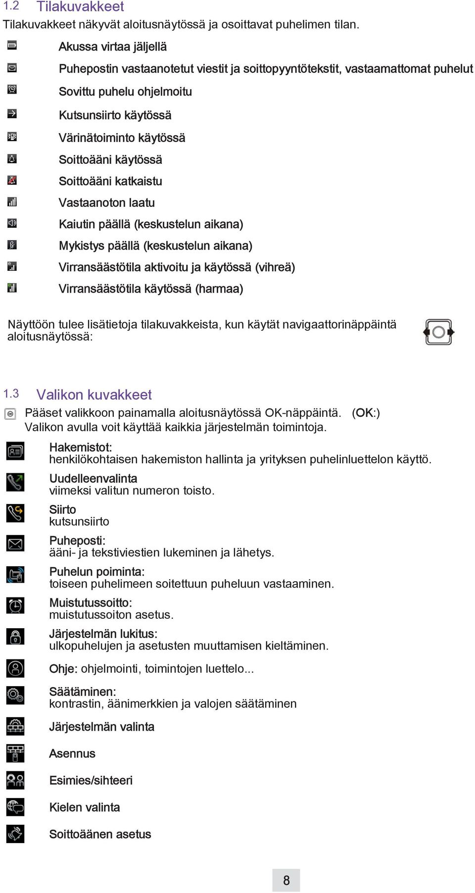 Soittoääni katkaistu Vastaanoton laatu Kaiutin päällä (keskustelun aikana) Mykistys päällä (keskustelun aikana) Virransäästötila aktivoitu ja käytössä (vihreä) Virransäästötila käytössä (harmaa)