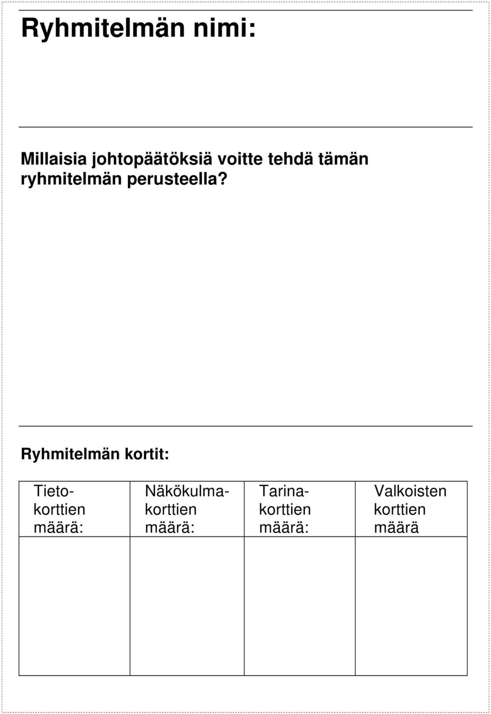 Ryhmitelmän kortit: Tietokorttien määrä: en