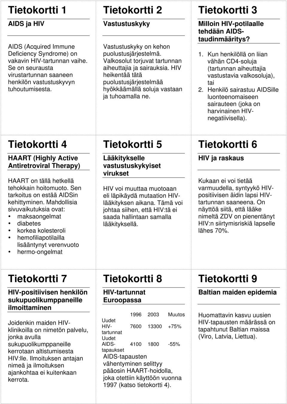 HIV heikentää tätä puolustusjärjestelmää hyökkäämällä soluja vastaan ja tuhoamalla ne. Tietokortti 3 Milloin HIV-potilaalle tehdään AIDStaudinmääritys? 1.