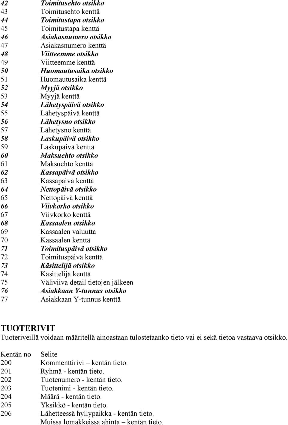 Laskupäivä kenttä 60 Maksuehto otsikko 61 Maksuehto kenttä 62 Kassapäivä otsikko 63 Kassapäivä kenttä 64 Nettopäivä otsikko 65 Nettopäivä kenttä 66 Viivkorko otsikko 67 Viivkorko kenttä 68 Kassaalen