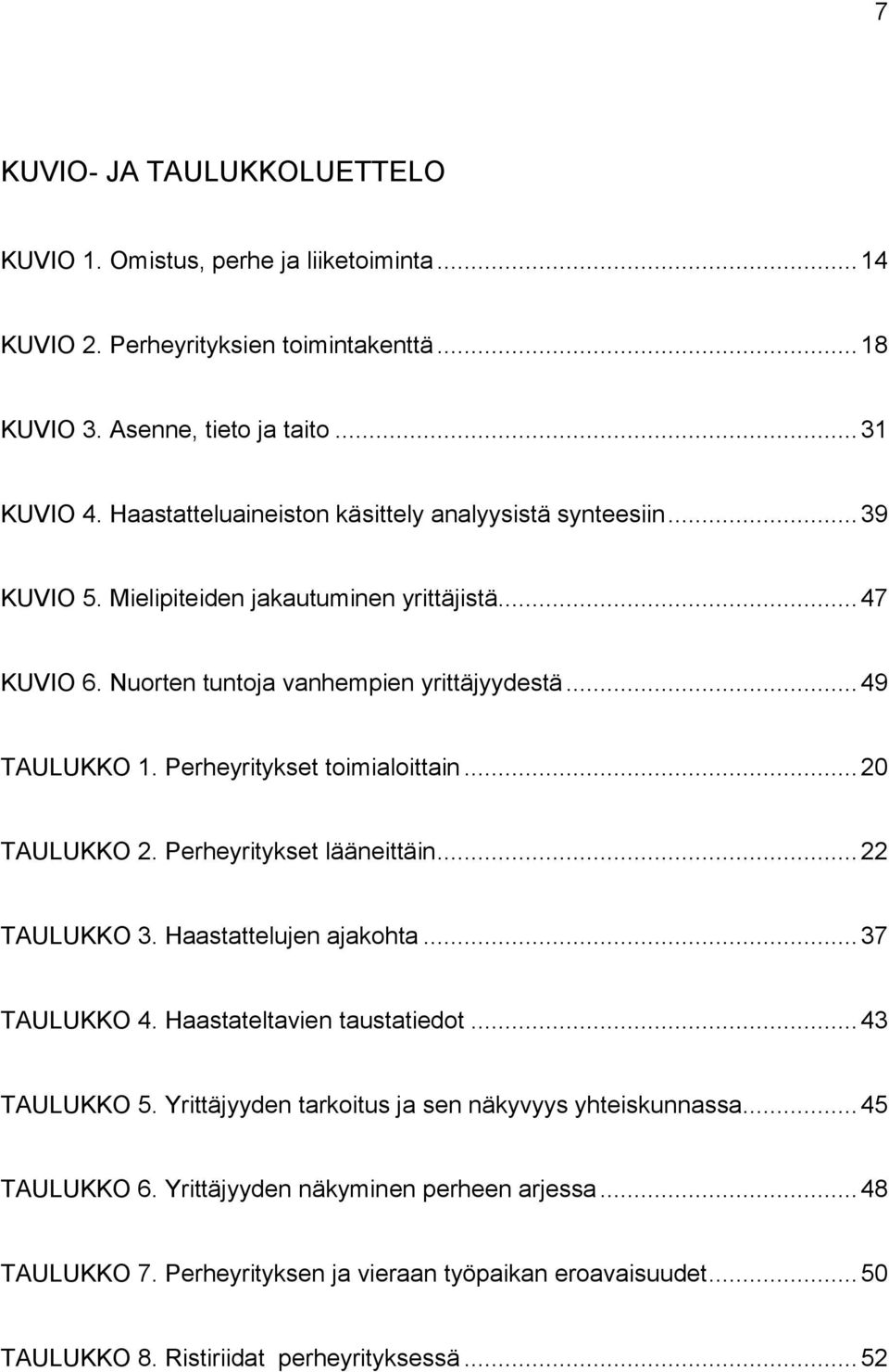 Perheyritykset toimialoittain... 20 TAULUKKO 2. Perheyritykset lääneittäin... 22 TAULUKKO 3. Haastattelujen ajakohta... 37 TAULUKKO 4. Haastateltavien taustatiedot... 43 TAULUKKO 5.