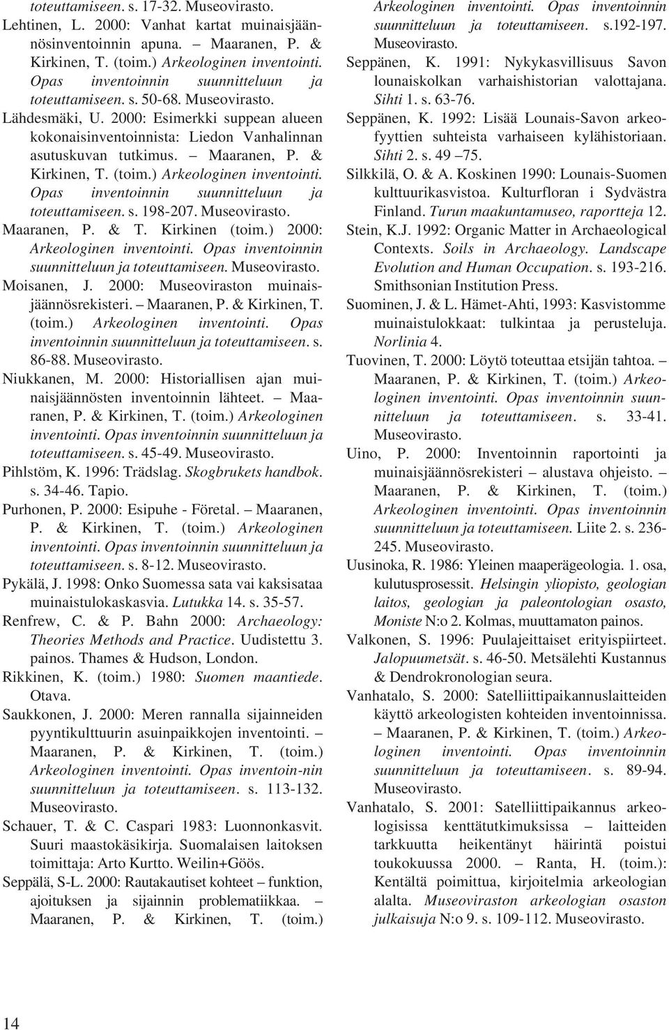 & Kirkinen, T. (toim.) Arkeologinen inventointi. Opas inventoinnin suunnitteluun ja toteuttamiseen. s. 198-207. Museovirasto. Maaranen, P. & T. Kirkinen (toim.) 2000: Arkeologinen inventointi.