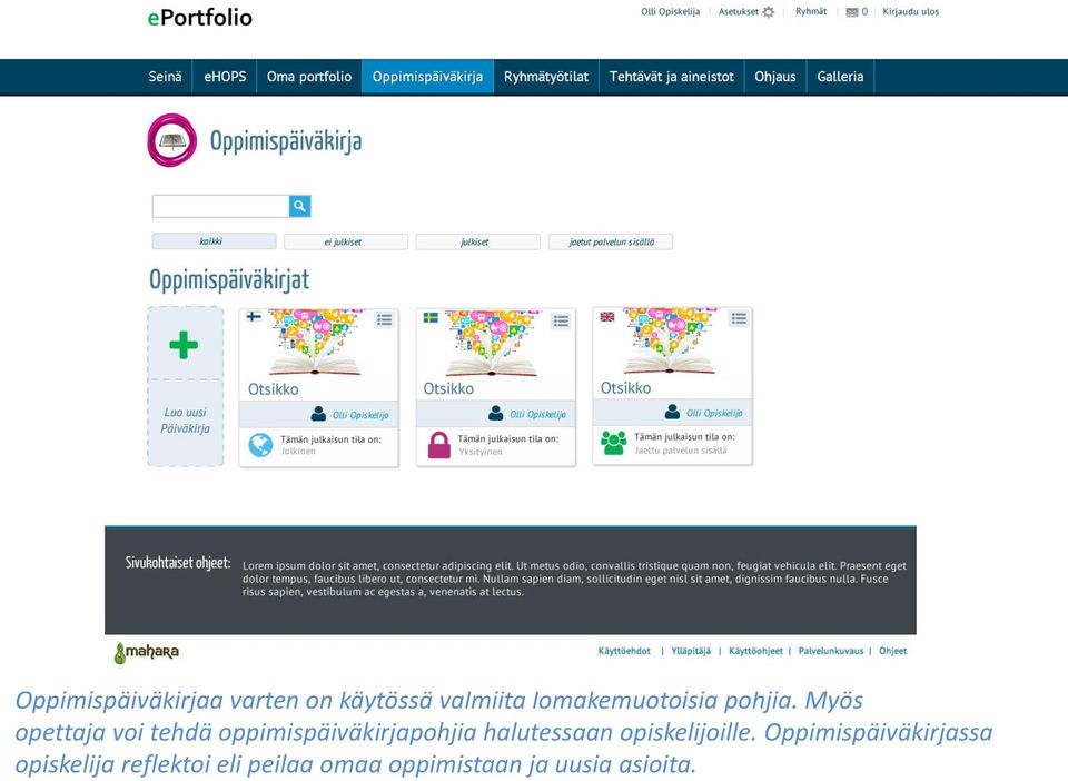 Myös opettaja voi tehdä oppimispäiväkirjapohjia