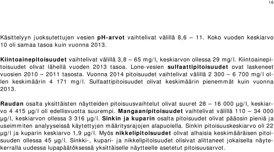 Lone-vesien sulfaattipitoisuudet ovat laskeneet vuosien 2010 2011 tasosta. Vuonna 2014 pitoisuudet vaihtelivat välillä 2 300 6 700 mg/l ollen keskimäärin 4 171 mg/l.