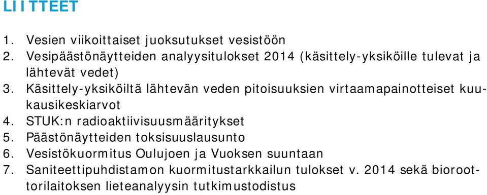 Käsittely-yksiköiltä lähtevän veden pitoisuuksien virtaamapainotteiset kuukausikeskiarvot 4.