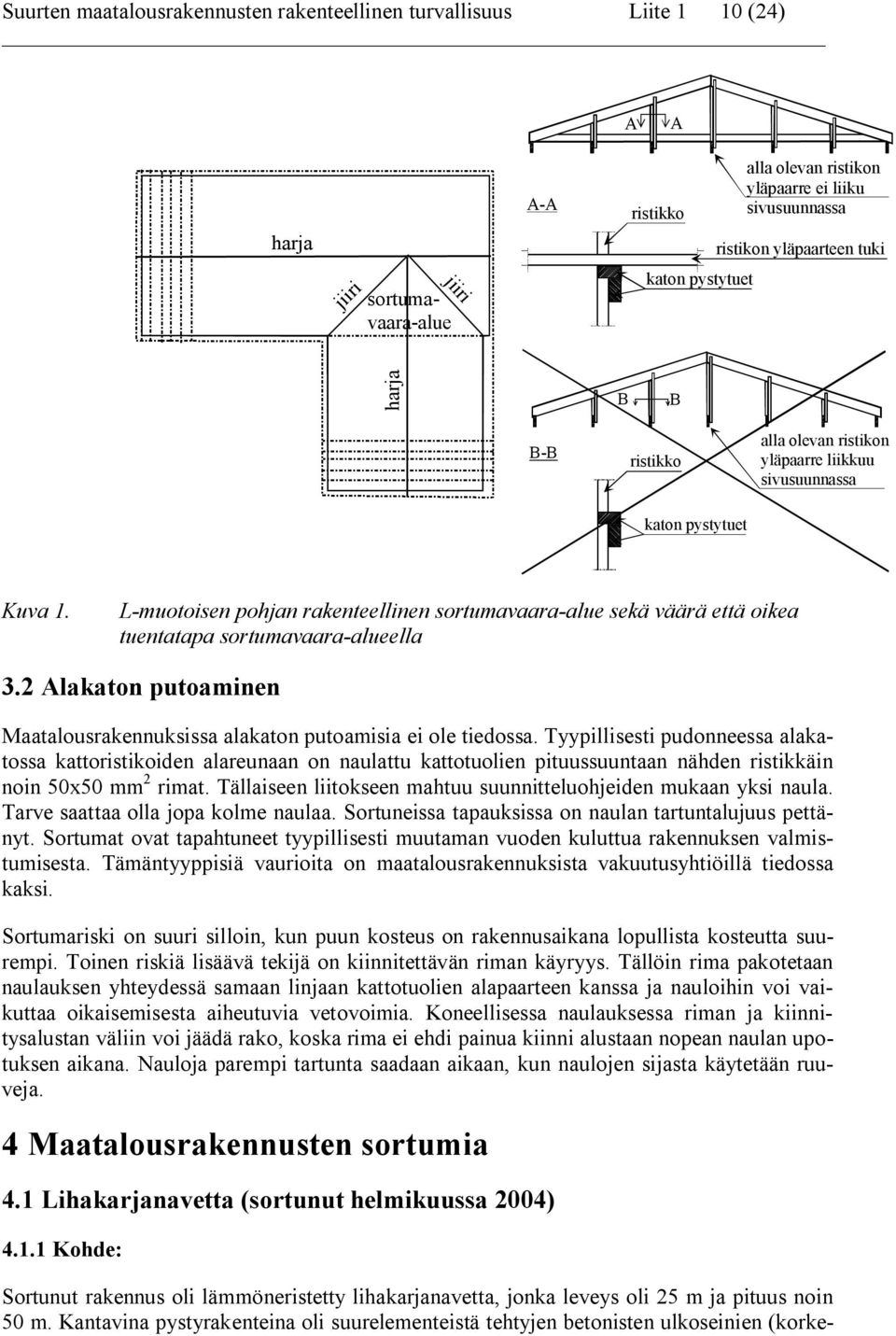 L muotoisen pohjan rakenteellinen sortumavaara alue sekä väärä että oikea tuentatapa sortumavaara alueella 3.2 Alakaton putoaminen Maatalousrakennuksissa alakaton putoamisia ei ole tiedossa.