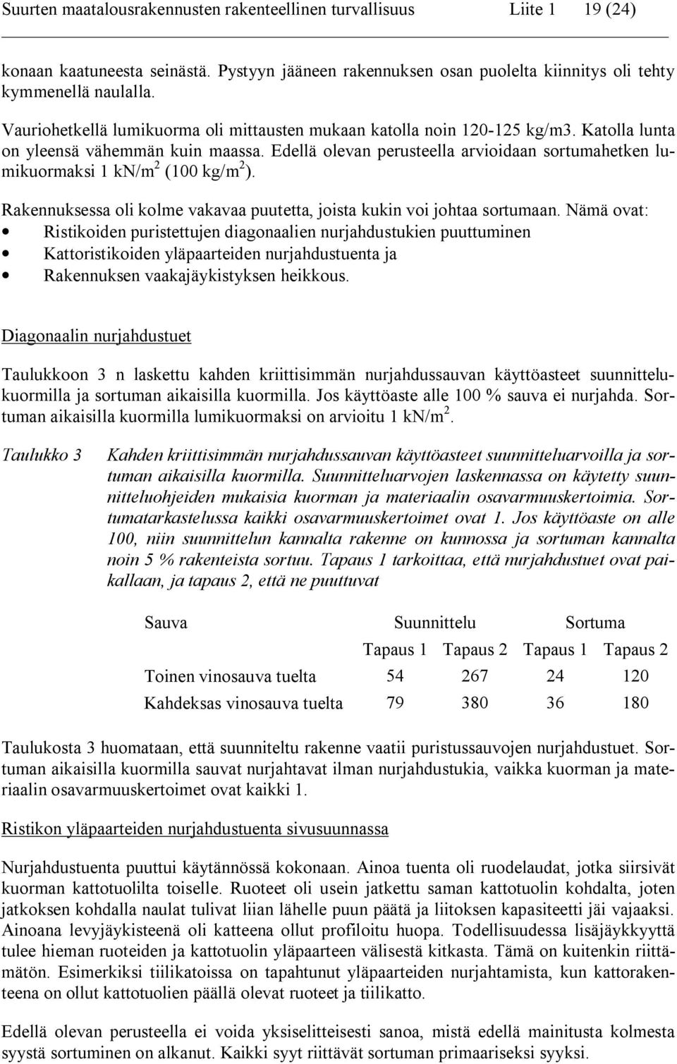 Edellä olevan perusteella arvioidaan sortumahetken lumikuormaksi 1 kn/m 2 (100 kg/m 2 ). Rakennuksessa oli kolme vakavaa puutetta, joista kukin voi johtaa sortumaan.