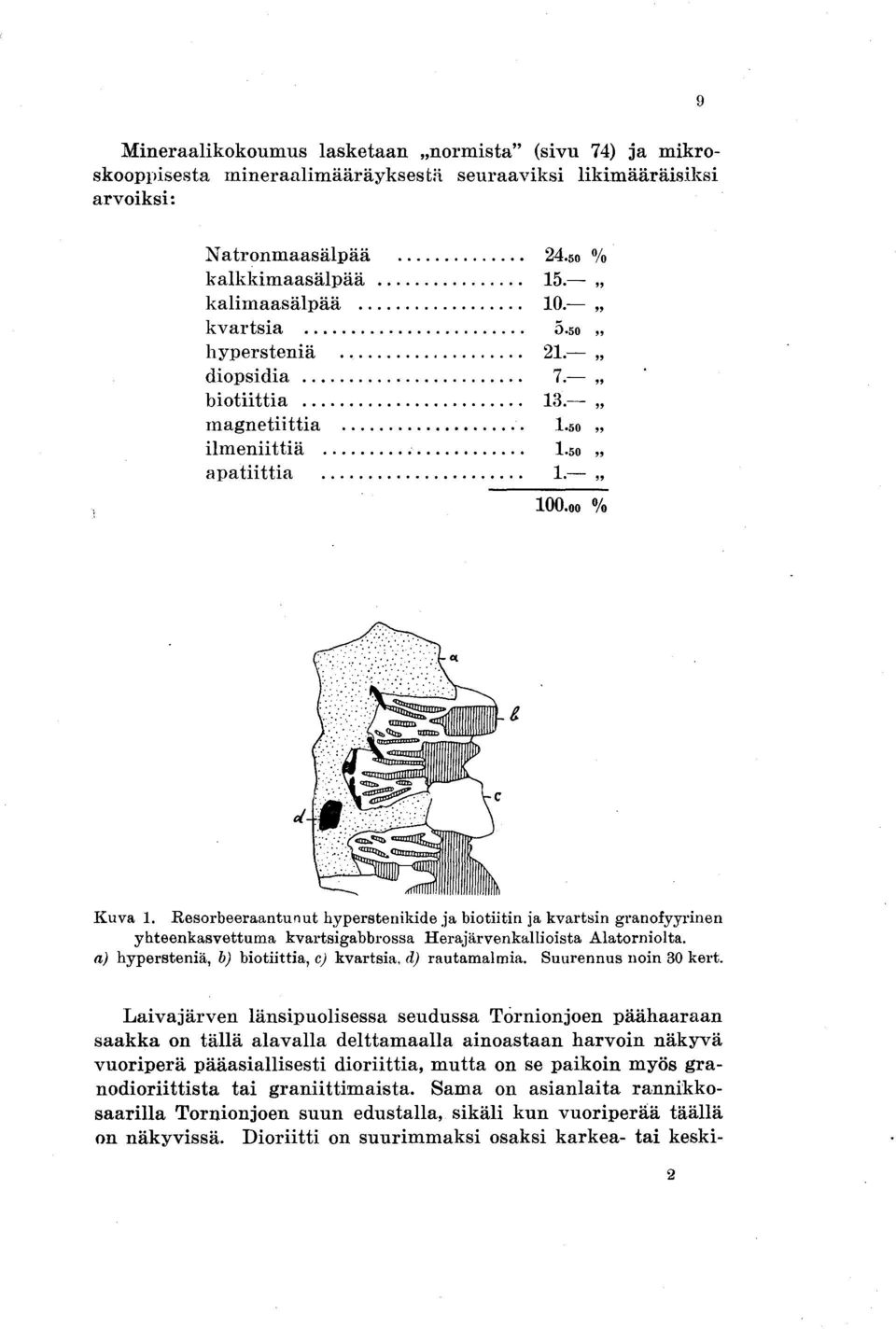 Resorbeeraantunut hyperstenikide ja biotiitin ja kvartsin granofyyrinen yhteenkasvettuma kvartsigabbrossa Herajärvenkallioista Alatorniolta. a) hypersteniä, b) biotiittia, c) kvartsia, d) rautamalmia.