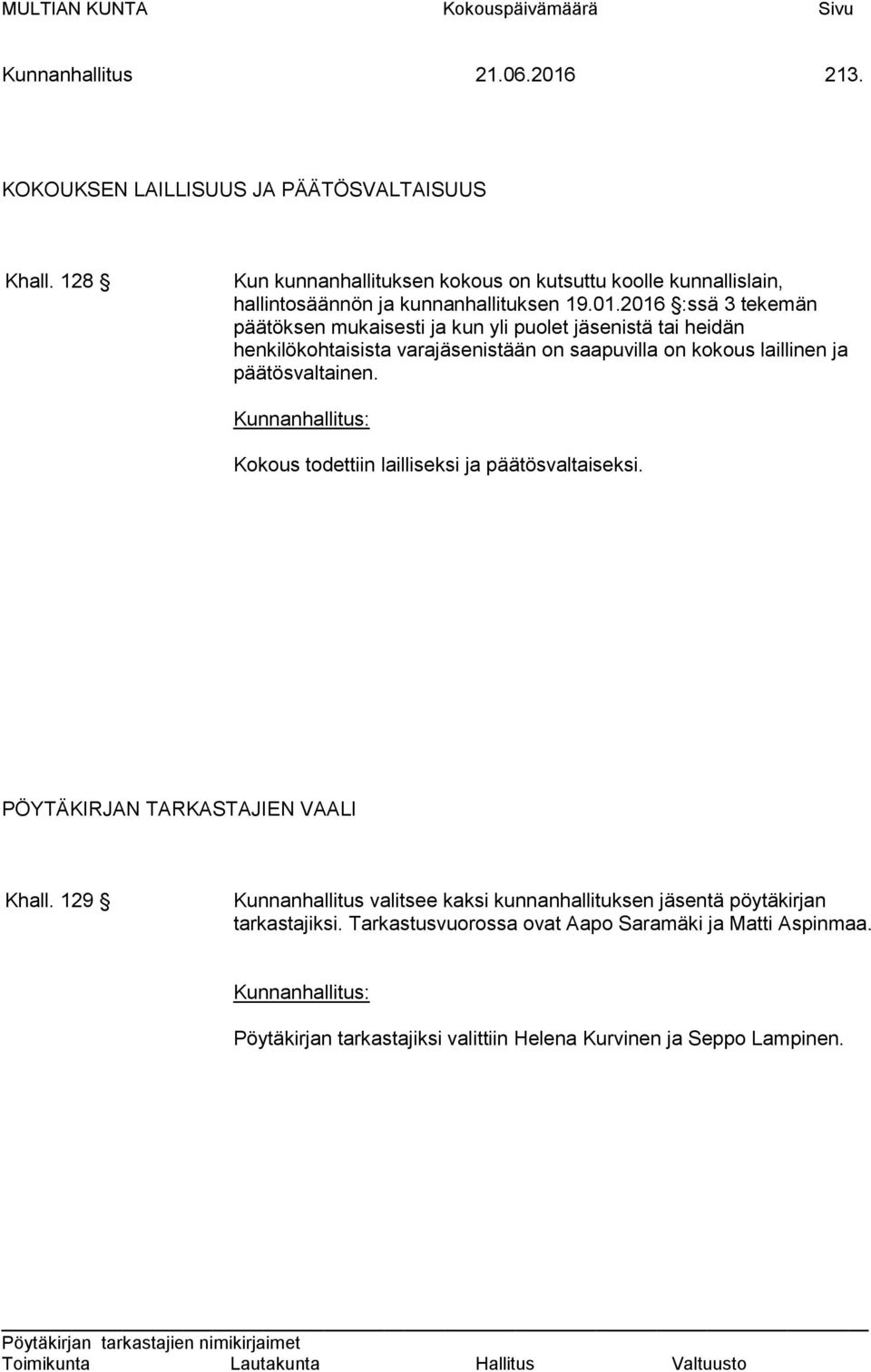 2016 :ssä 3 tekemän päätöksen mukaisesti ja kun yli puolet jäsenistä tai heidän henkilökohtaisista varajäsenistään on saapuvilla on kokous laillinen ja päätösvaltainen.